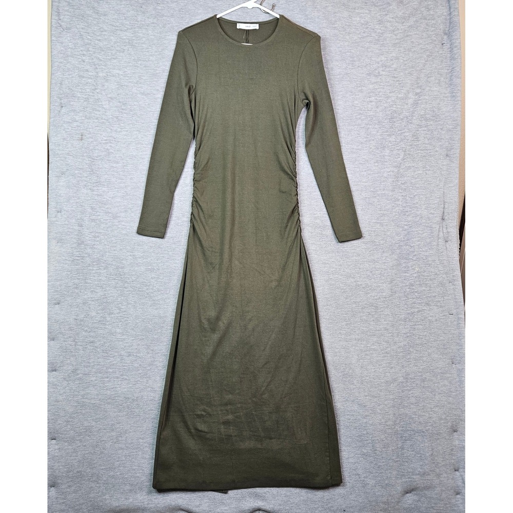 Mango MNG Olive Green Ruched Long Sleeve Maxi Dress Size S Crew Neck Back Slit